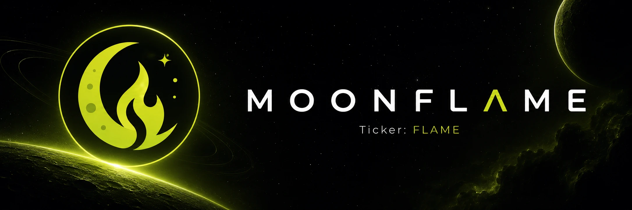 MoonFlame banner with the official lime moon-and-flame symbol in space